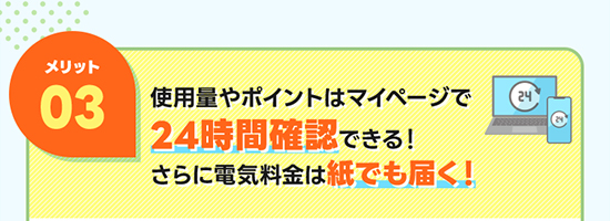 メリット03 使用量やポイントはマイページで24時間確認できる！さらに電気料金は紙でも届く！